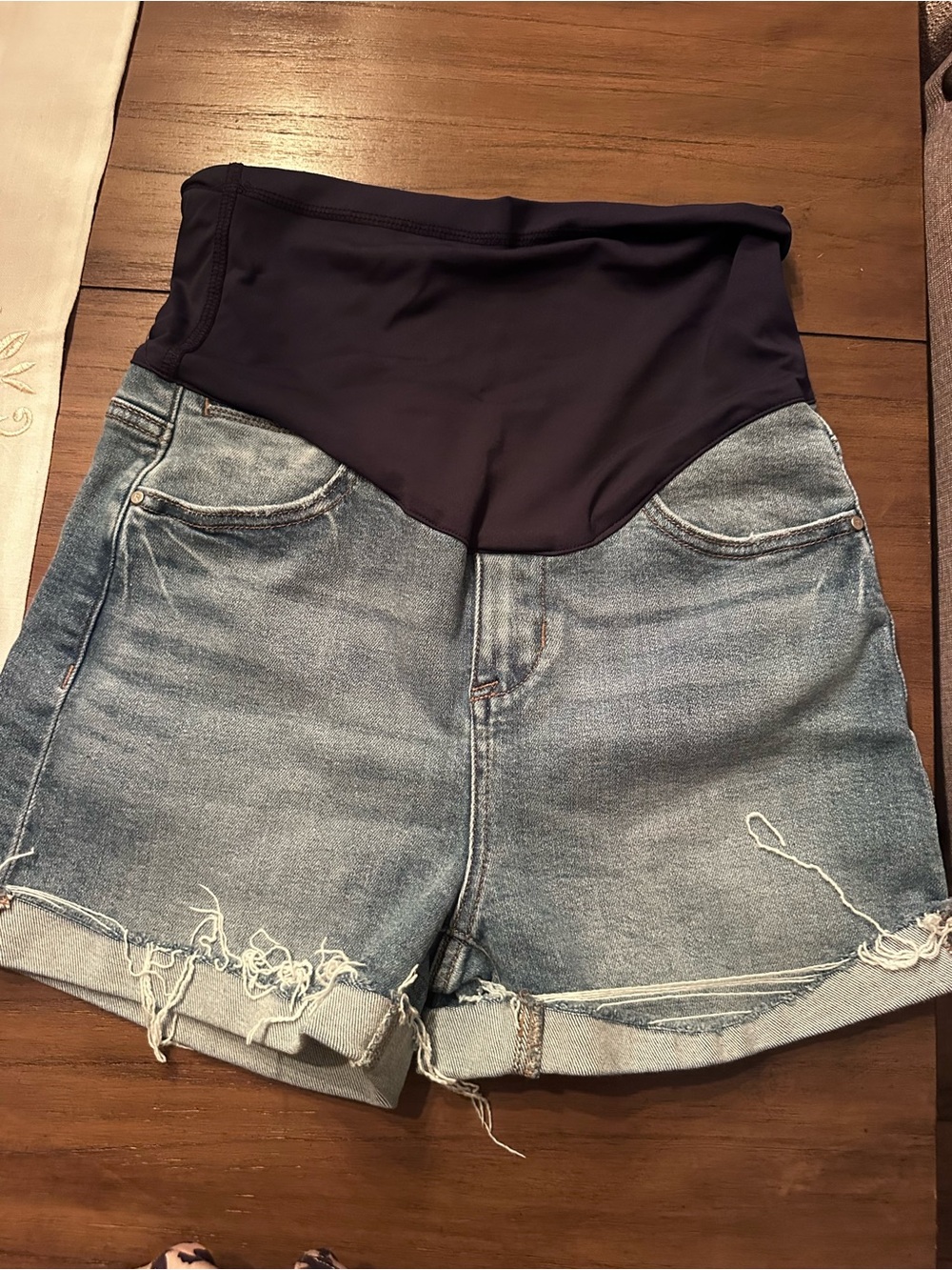 Pinkblush High-Waist Maternity Denim Shorts with Navy Panel